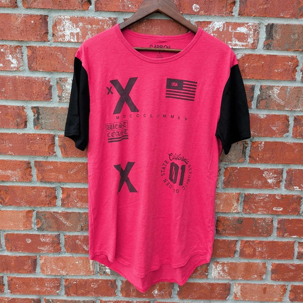 Carbon Graphic T-Shirt Mens Large Red Black West Coast California Curved Hem